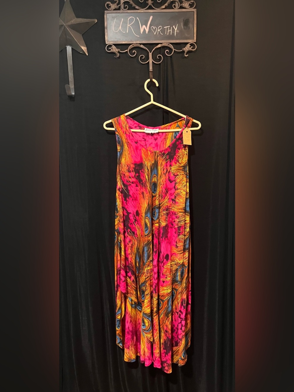 Vintage Jessica Taylor 80s Peacock Print Dress – Fuchsia Maxi – Size M/ L